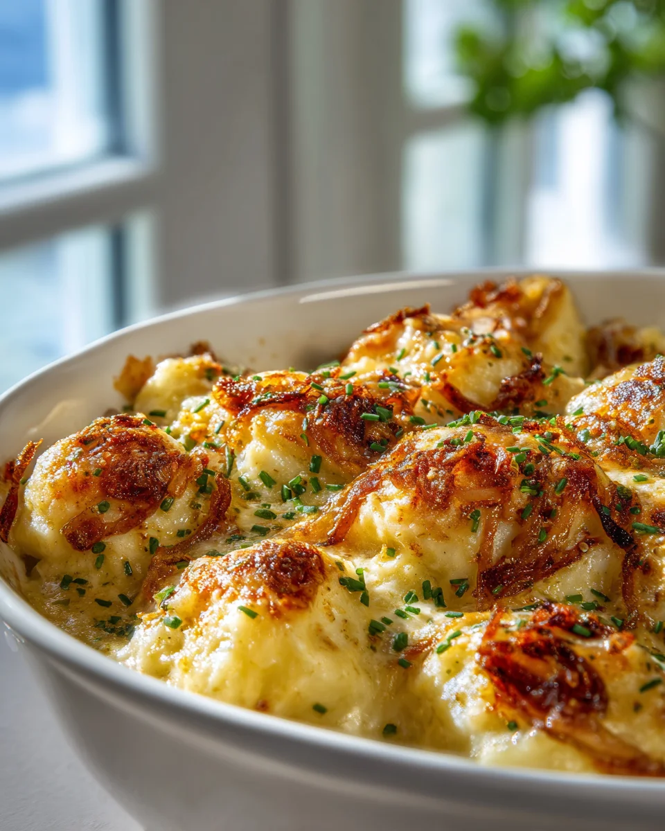 Herzhafter Kartoffelknödel-Auflauf mit Karamellzwiebeln