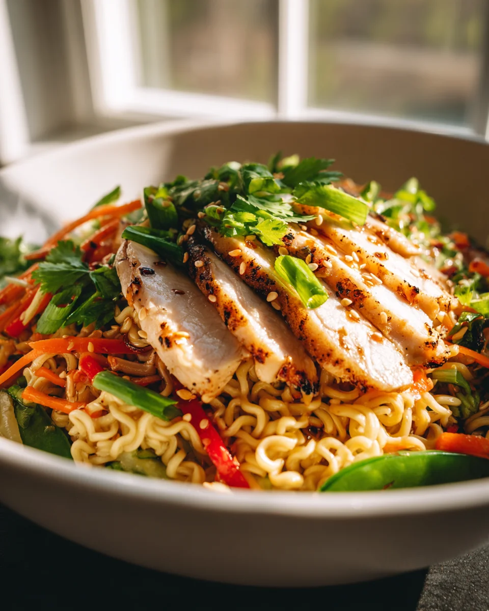 Frischer Hähnchen Ramen Nudelsalat mit feinem Sesam-Dressing