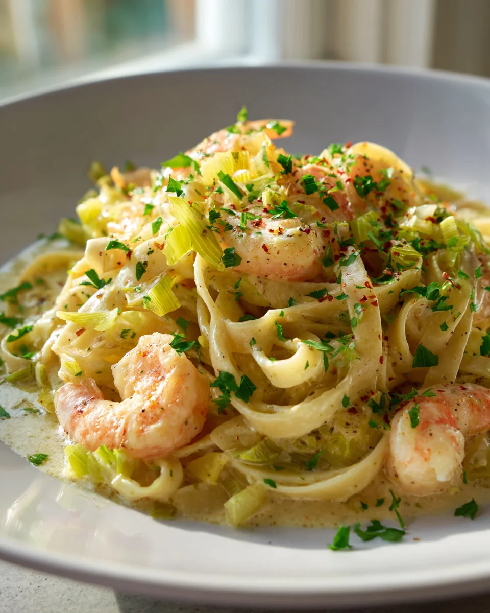 Cremige Lauch-Garnelen Pasta: Weißer Traubensaft für Aroma!
