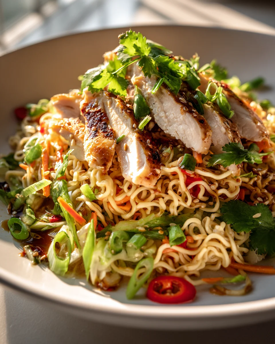 Frischer Hähnchen Ramen Nudelsalat mit feinem Sesam-Dressing