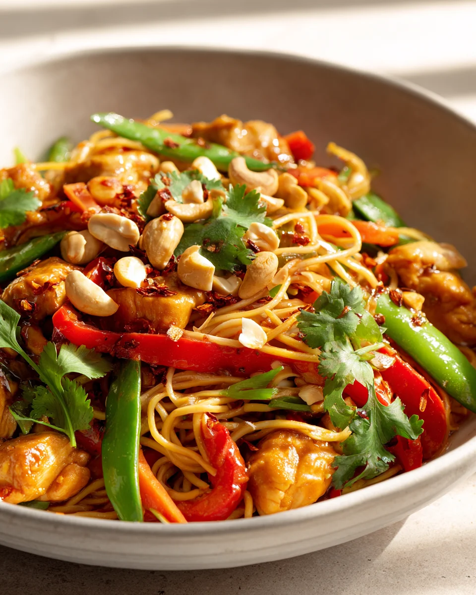 Scharfe Thai Cashew Hähnchen Nudel-Bowls - Schnell & Lecker!