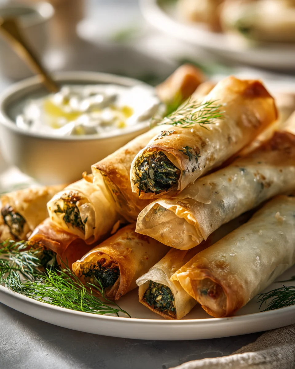 Knusprige Spinat Börek Zigarren mit frischem Joghurt-Dip