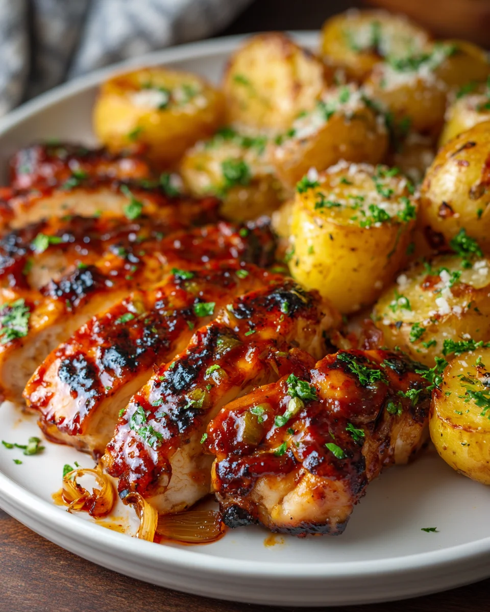 Honig BBQ Hähnchen mit knusprigen Knoblauch Parmesan Kartoffeln