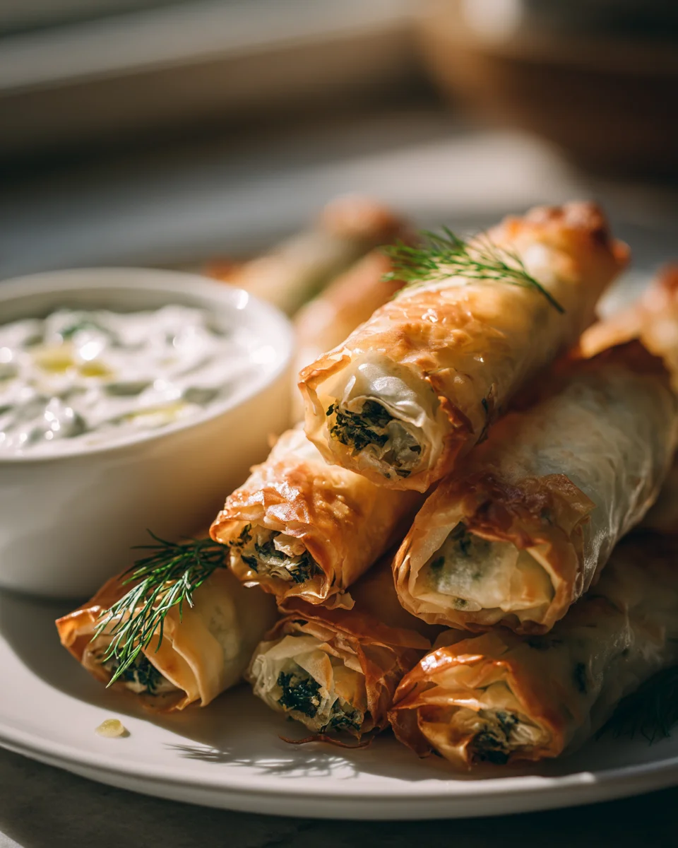 Knusprige Spinat Börek Zigarren mit frischem Joghurt-Dip