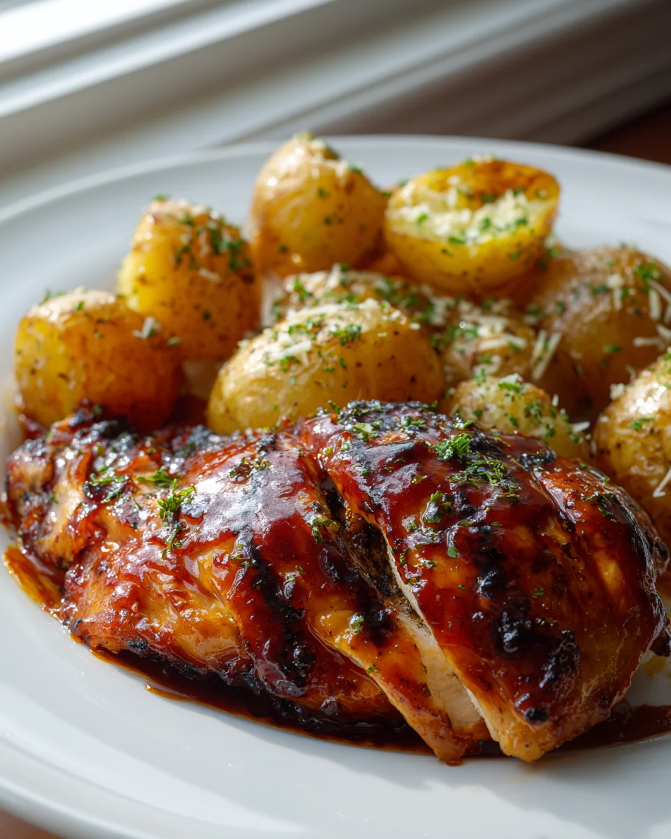 Honig BBQ Hähnchen mit knusprigen Knoblauch Parmesan Kartoffeln