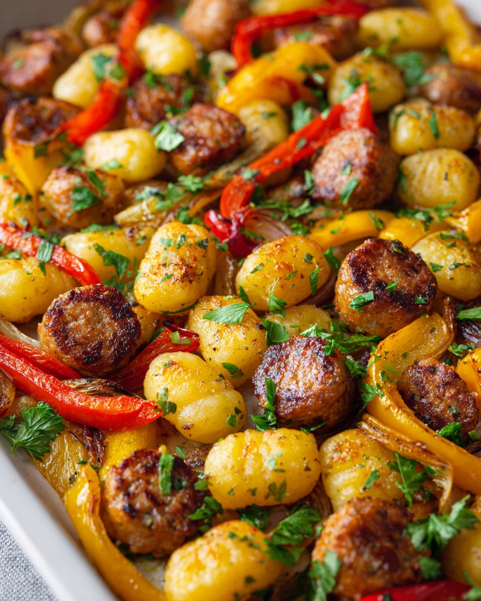 Knusprige Gnocchi, Rinderwurst & Paprika vom Blech
