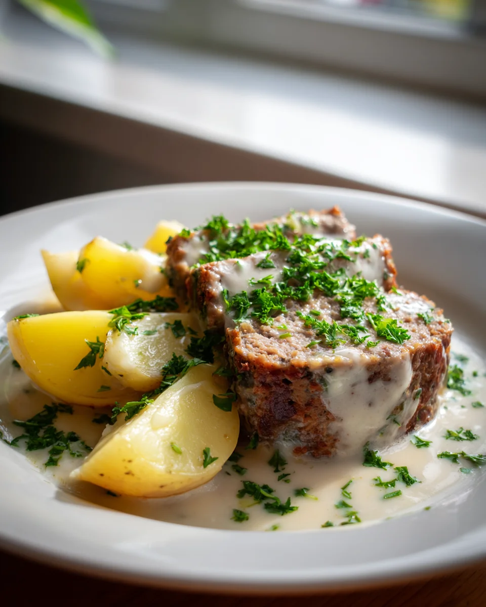 Hackbraten mit Kartoffeln in cremiger Sahnesauce - lecker!