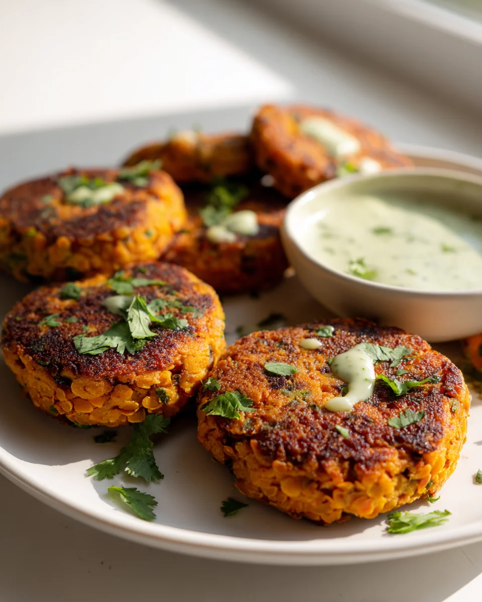 Knusprige Süßkartoffel-Linsen-Patties mit Avocado-Soße