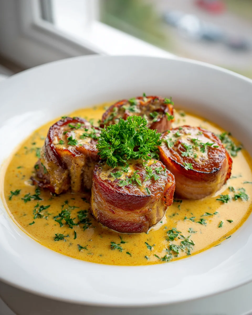 Zartes Rinderfilet mit Beef Bacon in cremiger Currysahne