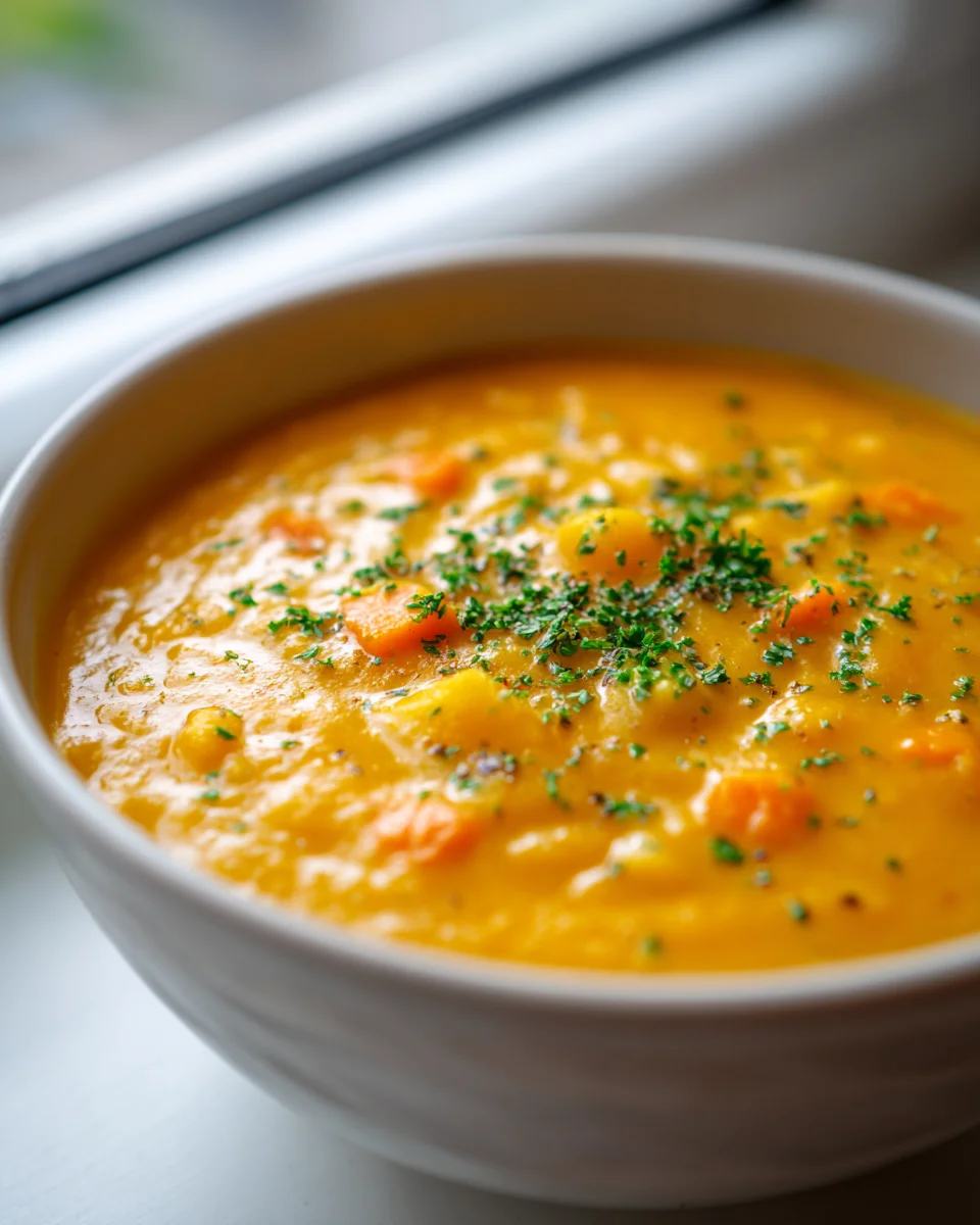 Einfach herzhafte Kürbissuppe mit Karotten und Kartoffeln