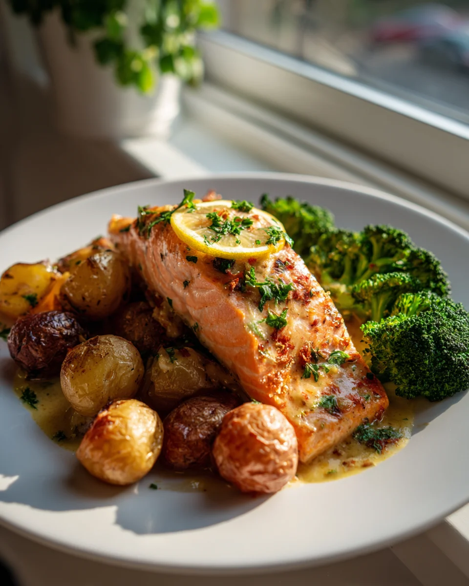 Zitronenbutter-Lachs: Knusprige Kartoffeln & Brokkoli
