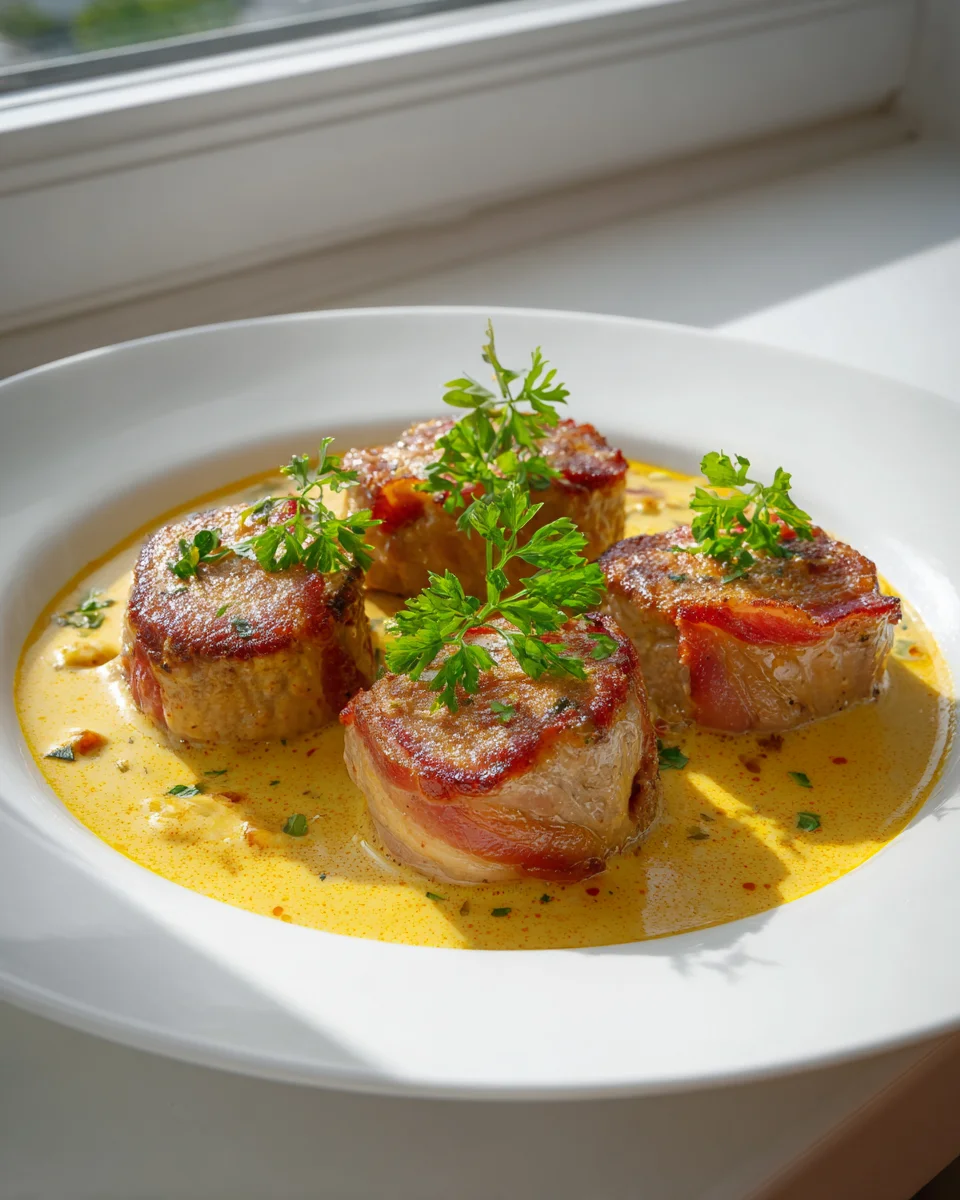 Zartes Rinderfilet mit Beef Bacon in cremiger Currysahne