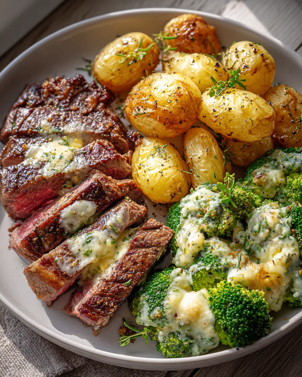 Saftiges Knoblauchbutter-Steak, Ofenkartoffeln & Brokkoli-Gratin
