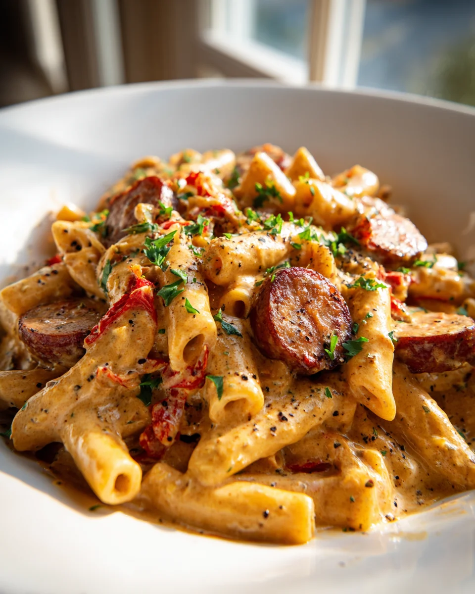 Cremige Cajun Rinderwurst Pasta Mit Knoblauch Und Kräutern