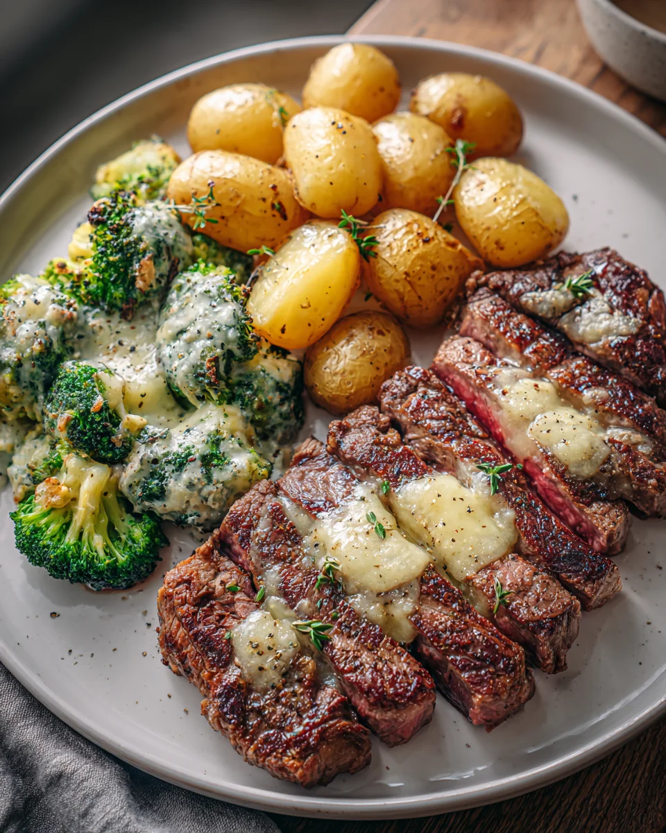 Saftiges Knoblauchbutter-Steak, Ofenkartoffeln & Brokkoli-Gratin