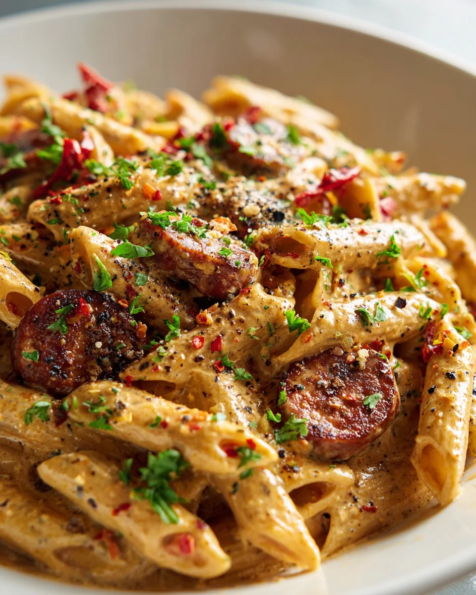 Cremige Cajun Rinderwurst Pasta Mit Knoblauch Und Kräutern