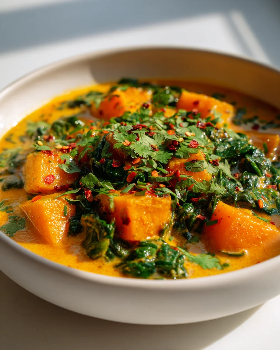 Cremiges Kürbis Curry mit Kokos & Spinat – gesund & lecker!
