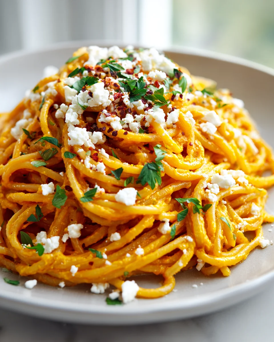 Würzige Pasta mit Kürbissoße, Feta und Chili-Flocken