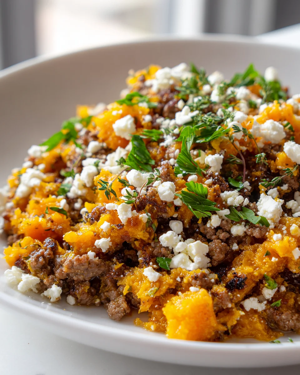Kürbis Hackfleisch Pfanne: Cremig, Herzhaft mit Feta & Kräutern
