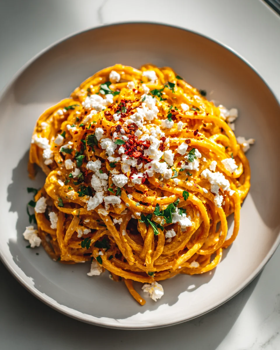 Würzige Pasta mit Kürbissoße, Feta und Chili-Flocken