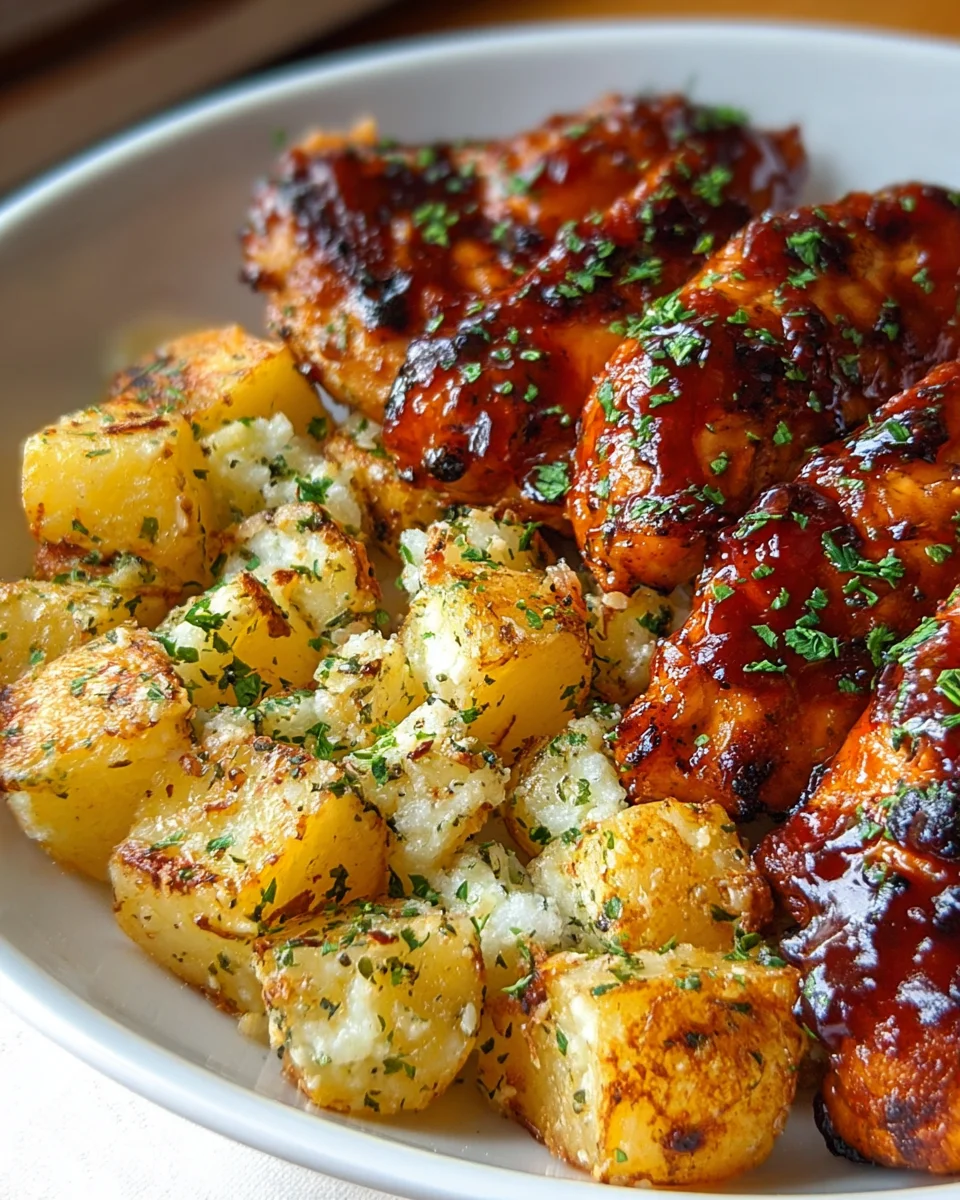 Gesundes Honig BBQ Hähnchen mit Knoblauch-Parmesan-Kartoffeln