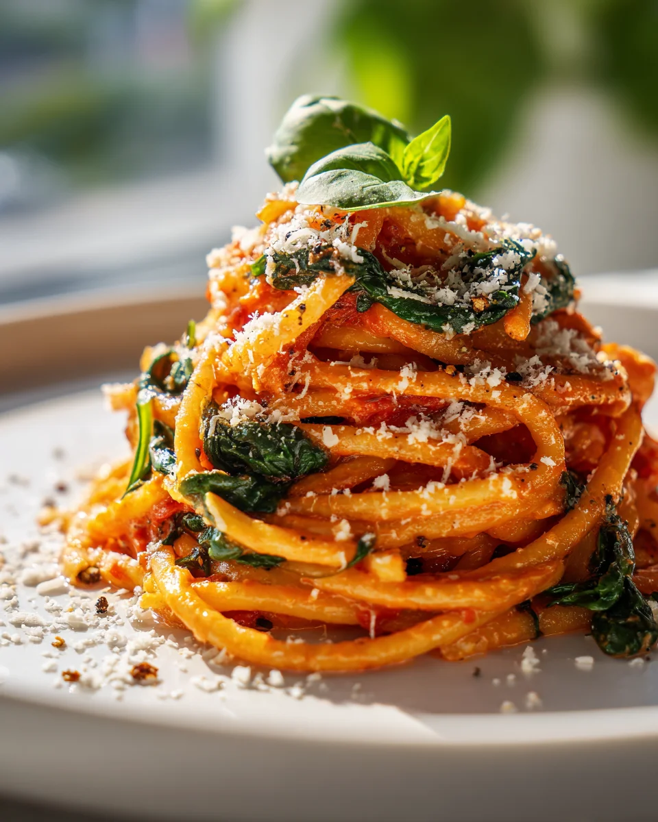 Cremige Tomaten Knoblauch Pasta: Spinat & Parmesan!