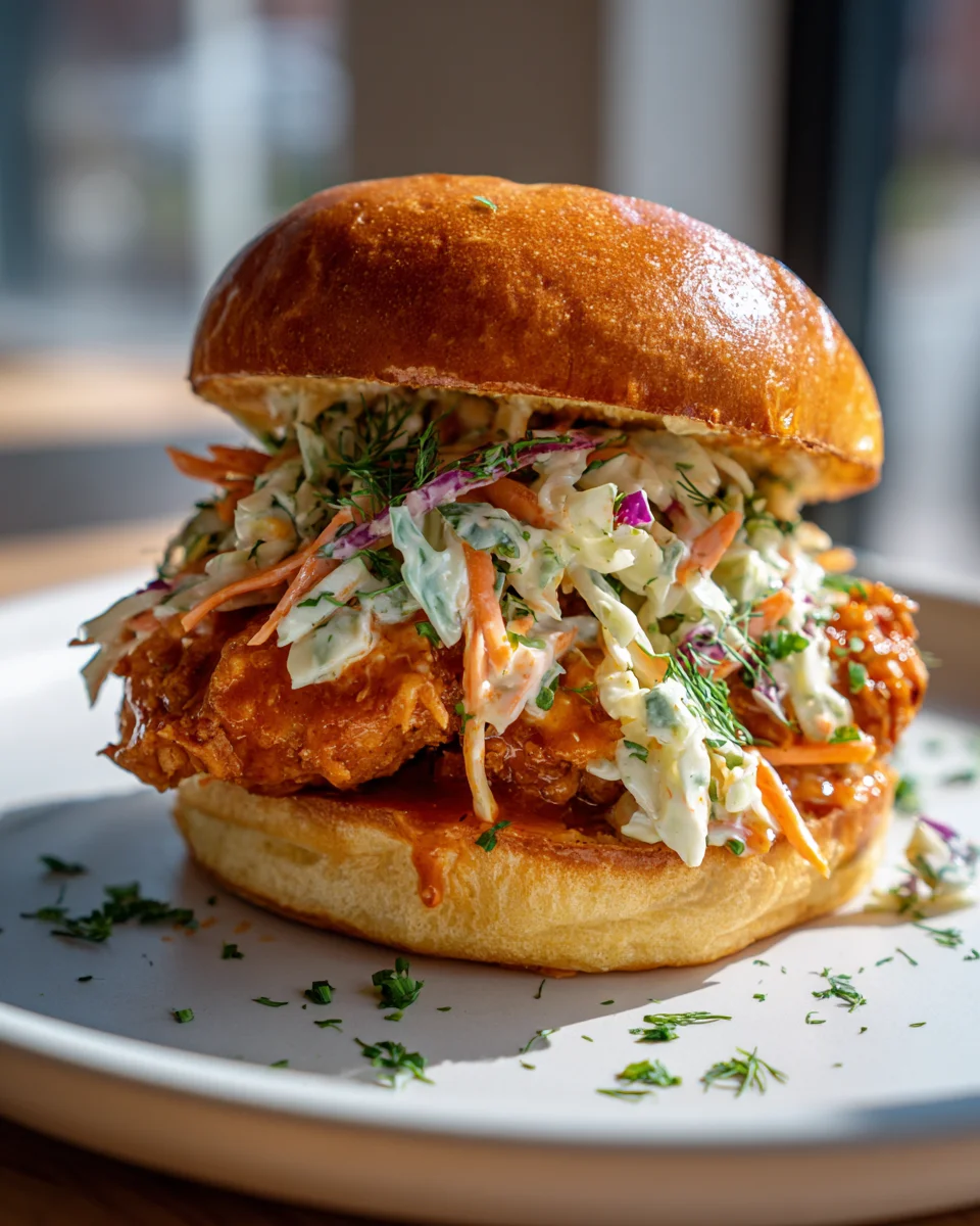 Knuspriges Buffalo Chicken Sandwich mit cremigem Ranch-Slaw