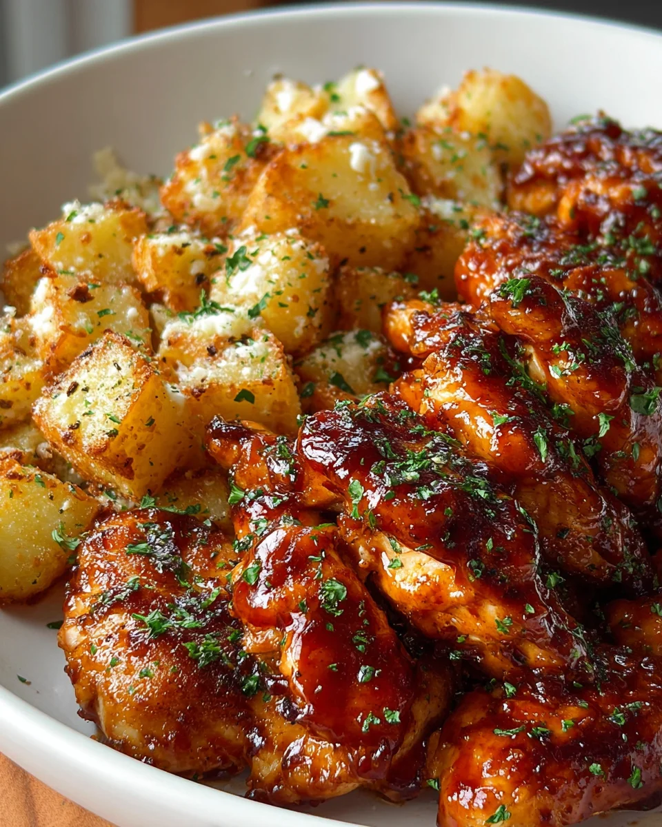 Gesundes Honig BBQ Hähnchen mit Knoblauch-Parmesan-Kartoffeln