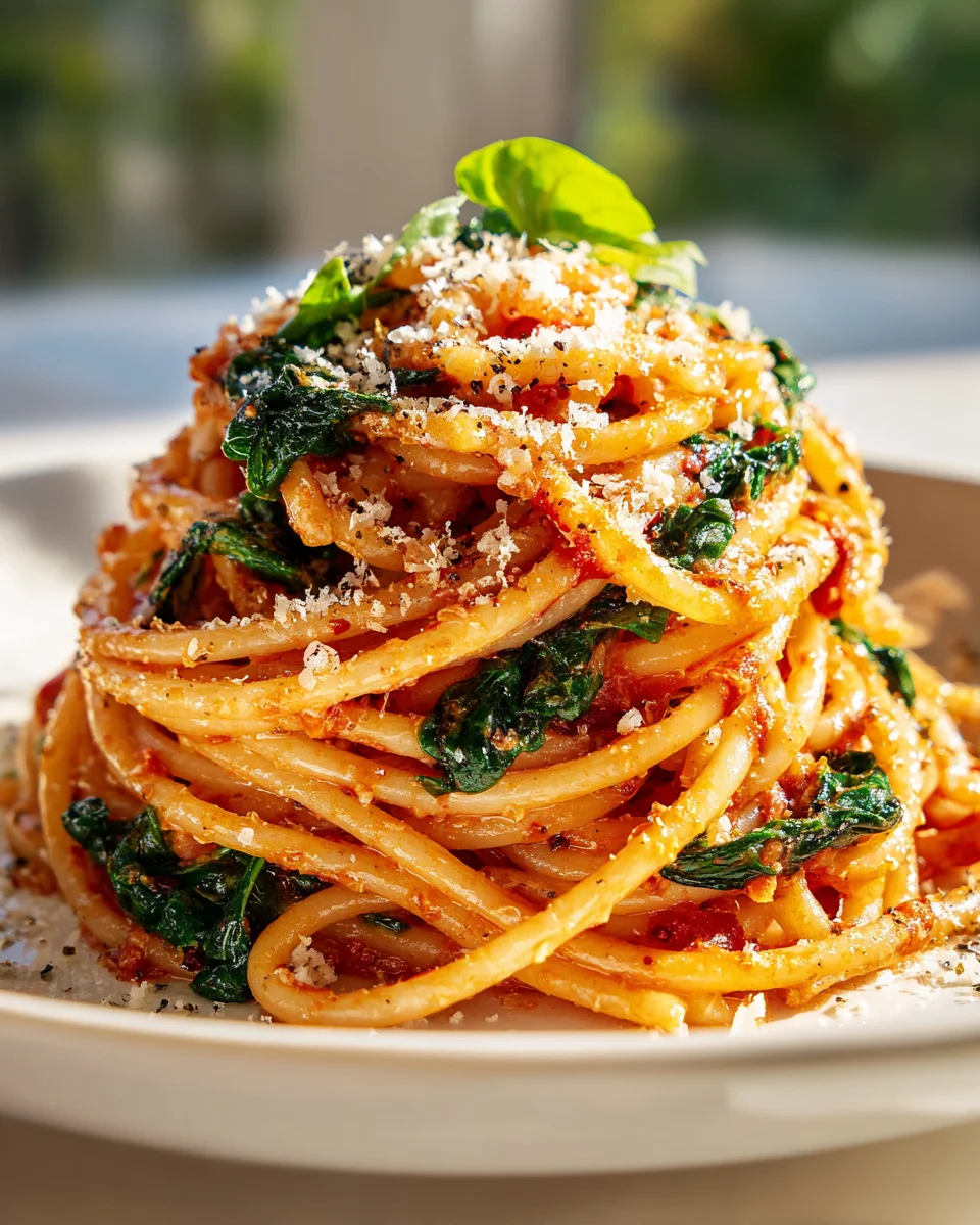Cremige Tomaten Knoblauch Pasta: Spinat & Parmesan!