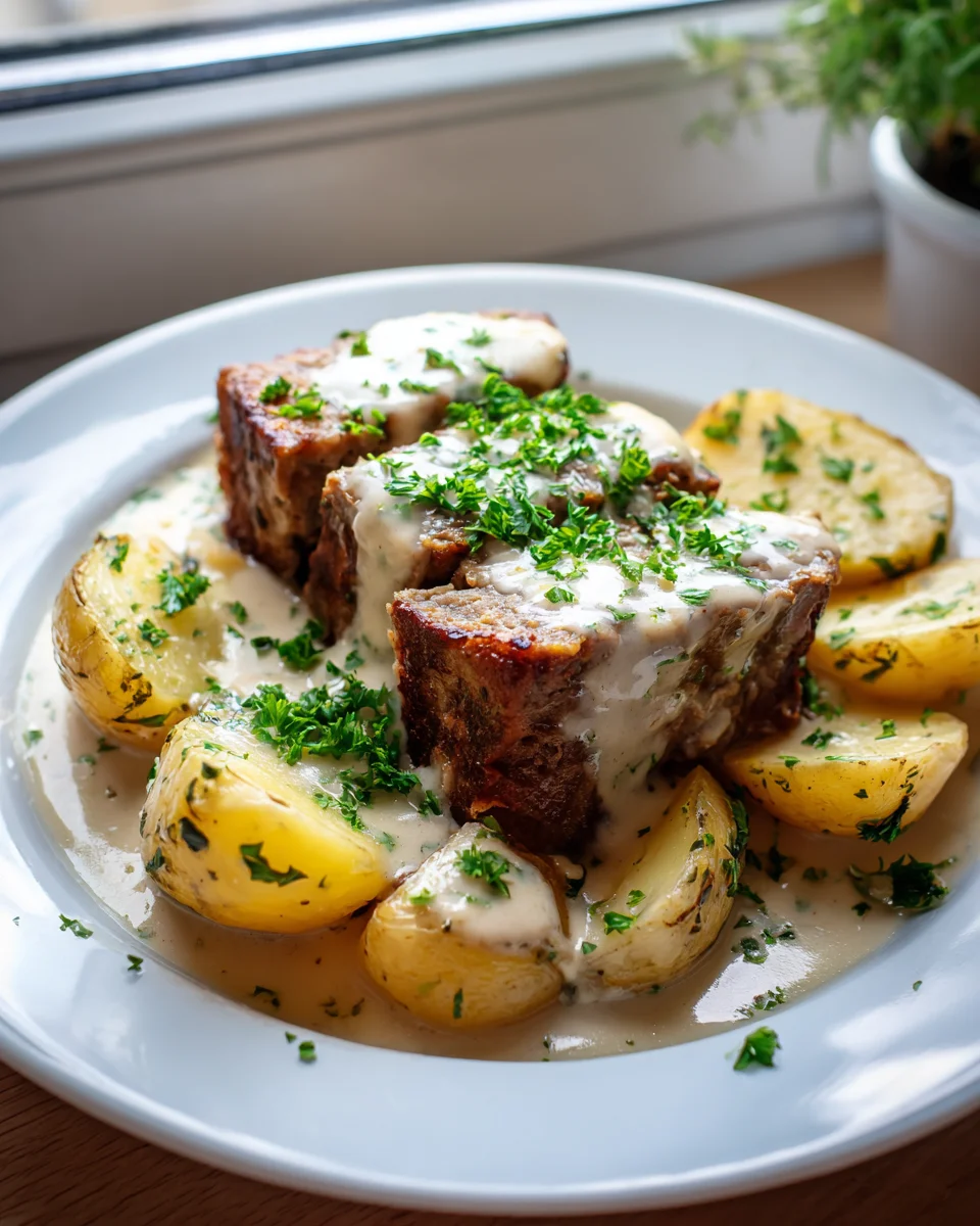 Hackbraten mit Kartoffeln in cremiger Sahnesauce - lecker!