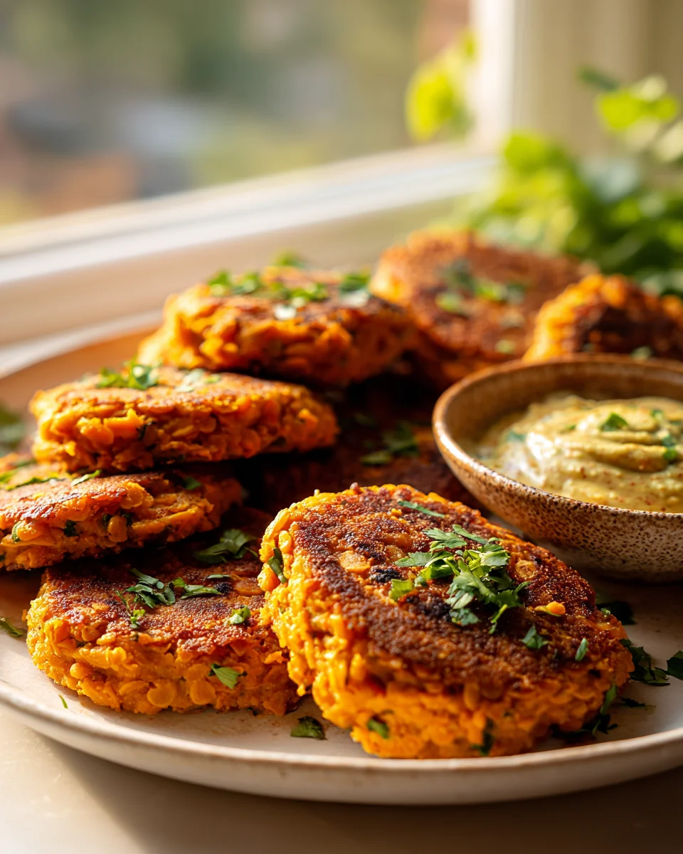 Knusprige Süßkartoffel-Linsen-Patties mit Avocado-Soße
