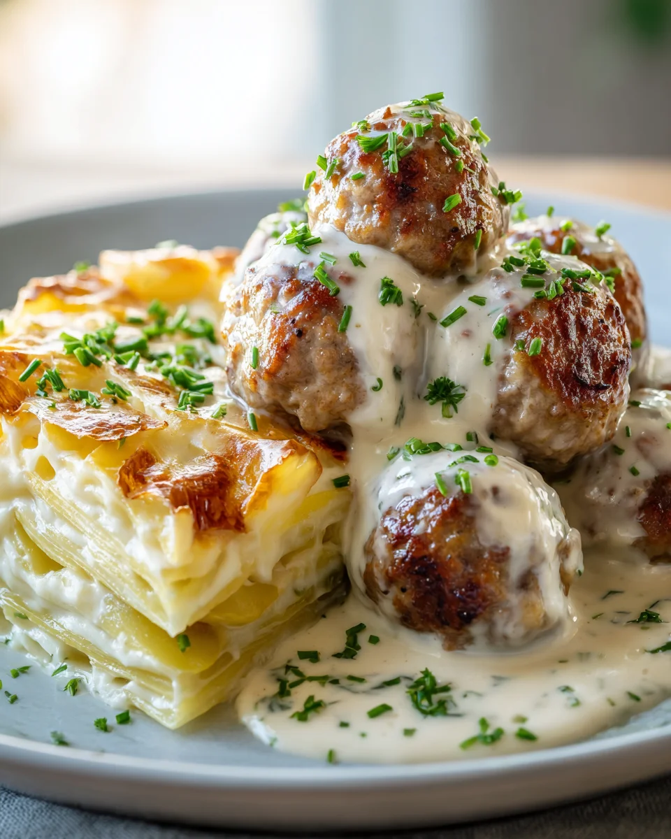 Leckere Sheet Pan Hackbällchen mit cremiger Sauce und Auflauf