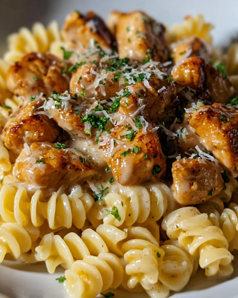 Twisted Pasta mit Honig-Knoblauch-Hühnchen und Parmesan-Creme