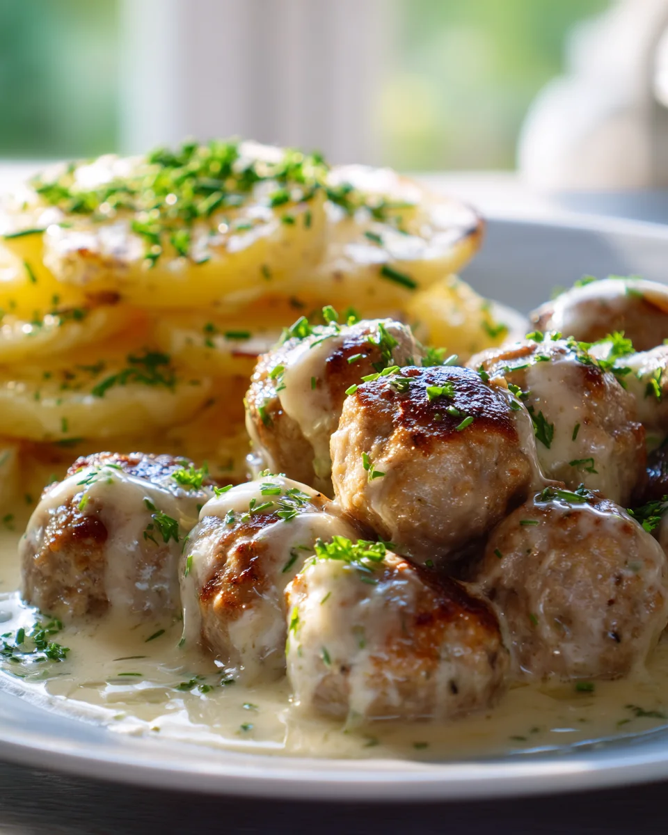 Leckere Sheet Pan Hackbällchen mit cremiger Sauce und Auflauf