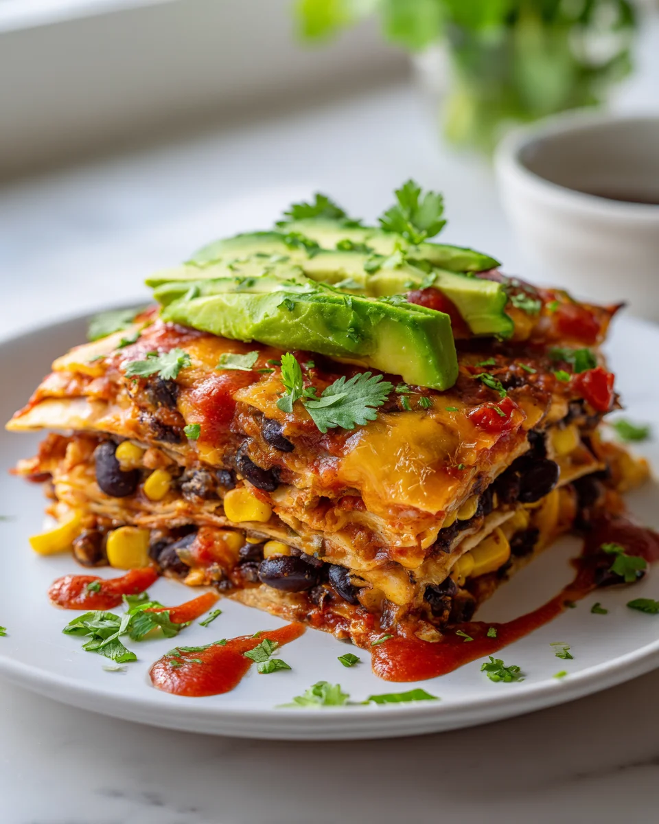 Vegane Quesadilla Auflauf mit schwarzen Bohnen und Avocado