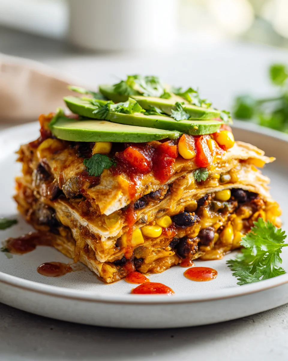 Vegane Quesadilla Auflauf mit schwarzen Bohnen und Avocado