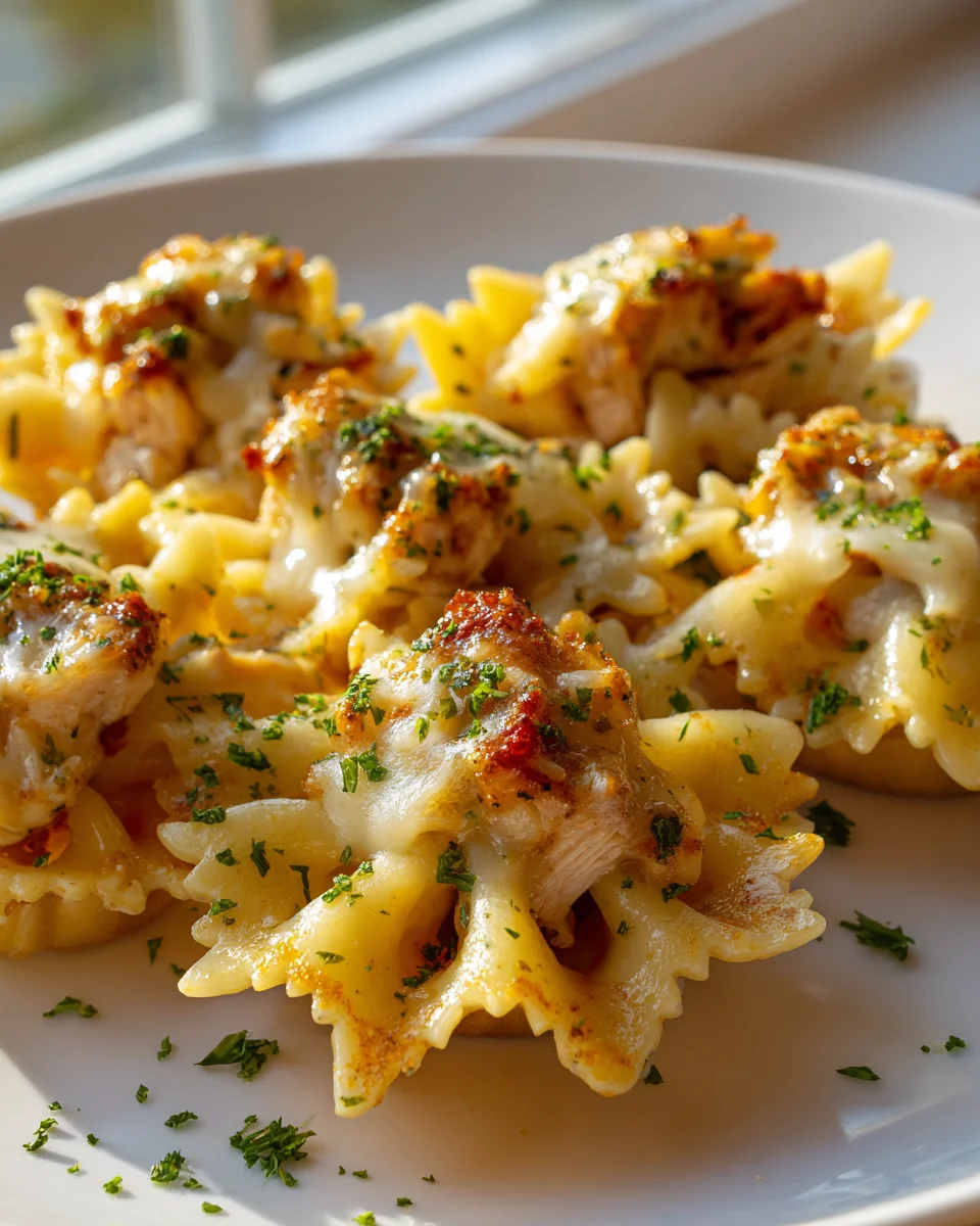 Krosse Chicken-Bowtie-Pasta-Bites mit geschmolzenem Havarti