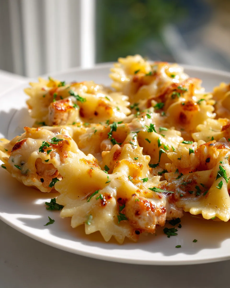 Krosse Chicken-Bowtie-Pasta-Bites mit geschmolzenem Havarti